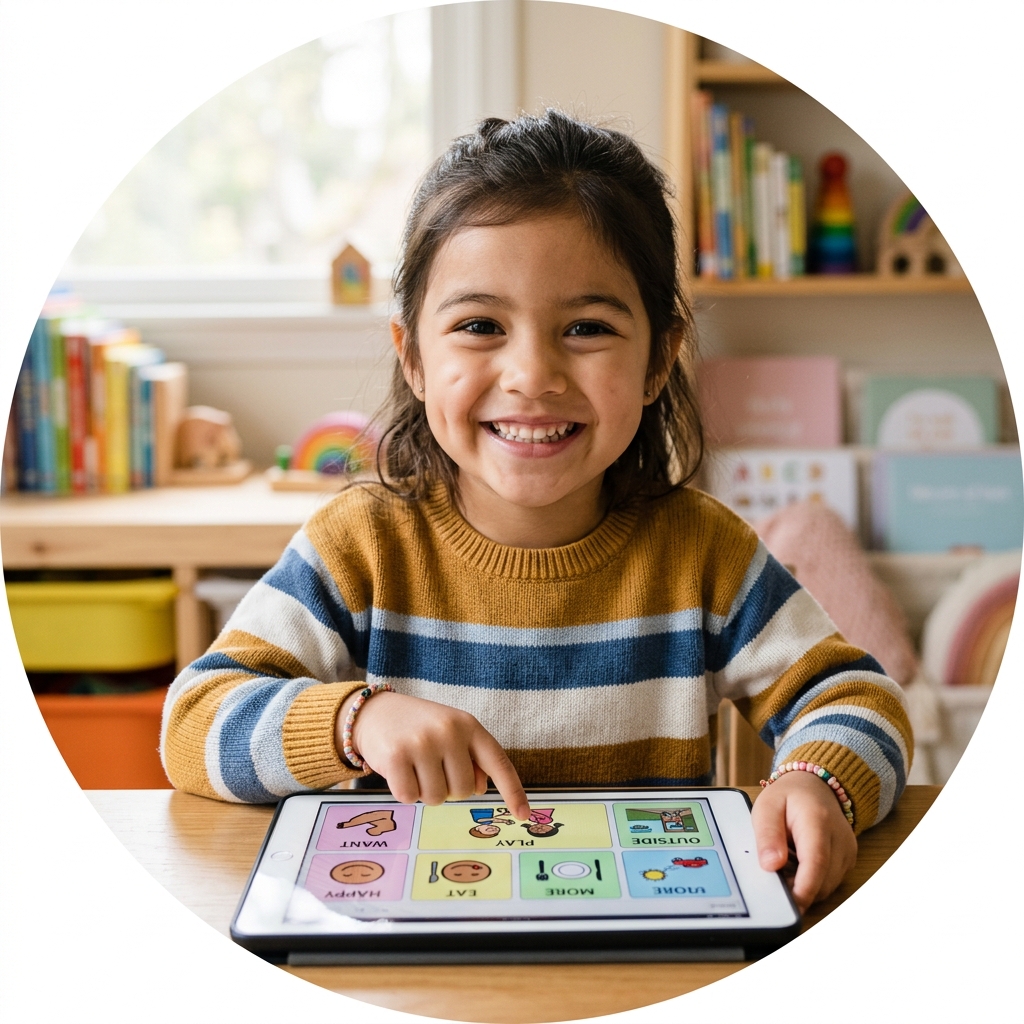 Autistic child communicating joyfully using visual AAC tablet with symbols